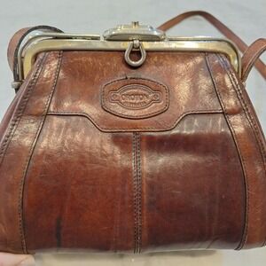 Vintage Oroton Handbag Sm Brown Leather As Is Shoulder Frame Kiss Lock Bag Clasp